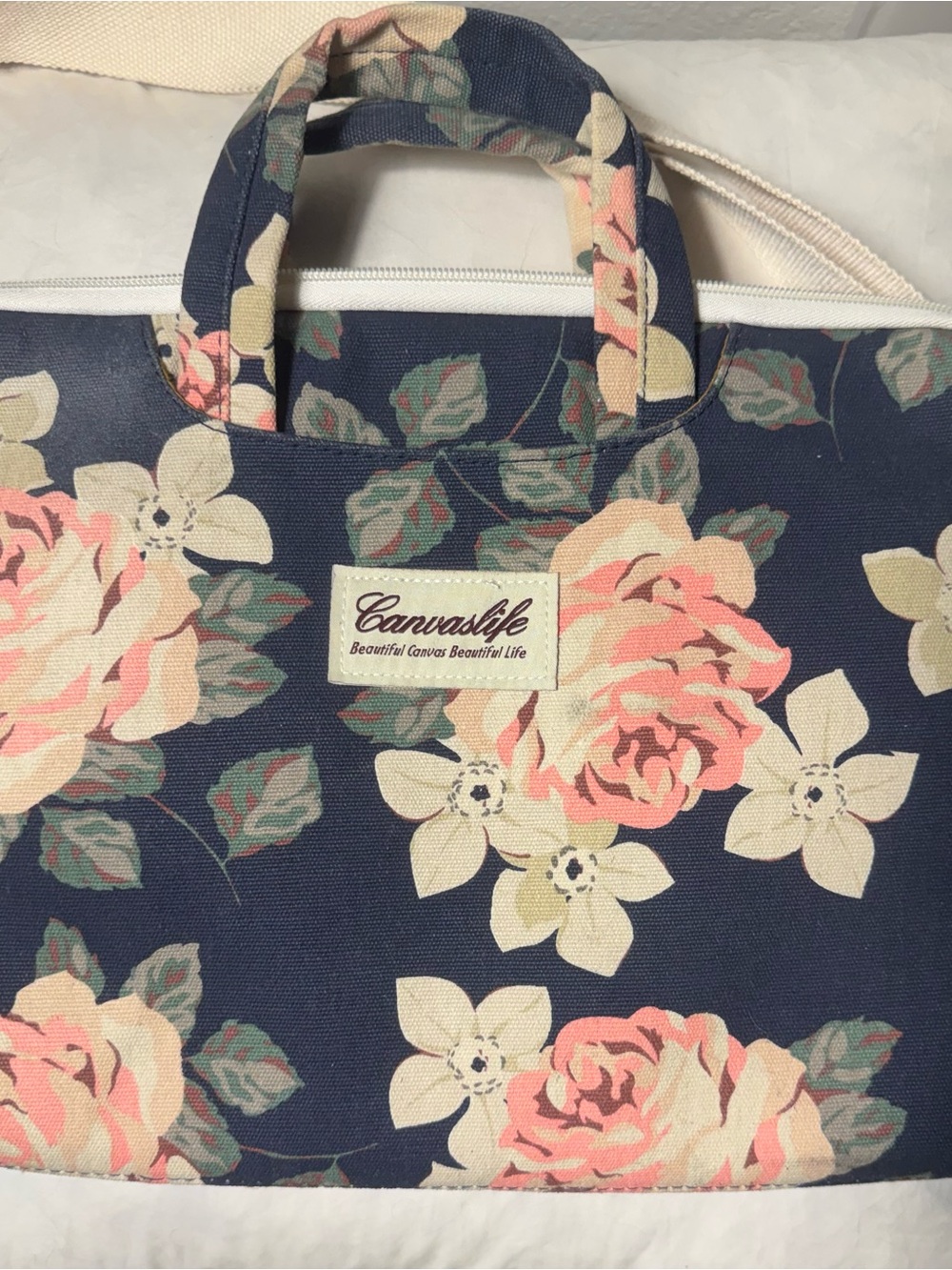 CanvasLife Floral Canvas Laptop Bag Navy Pink Roses Messenger Briefcase Shoulder - Picture 2 of 3